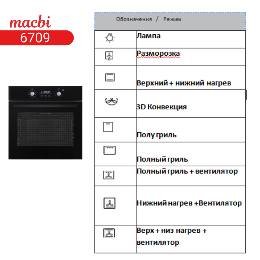 Духовой шкаф электрический встраиваемый 9 режимов, 71л.,MACBI 6709 Черный