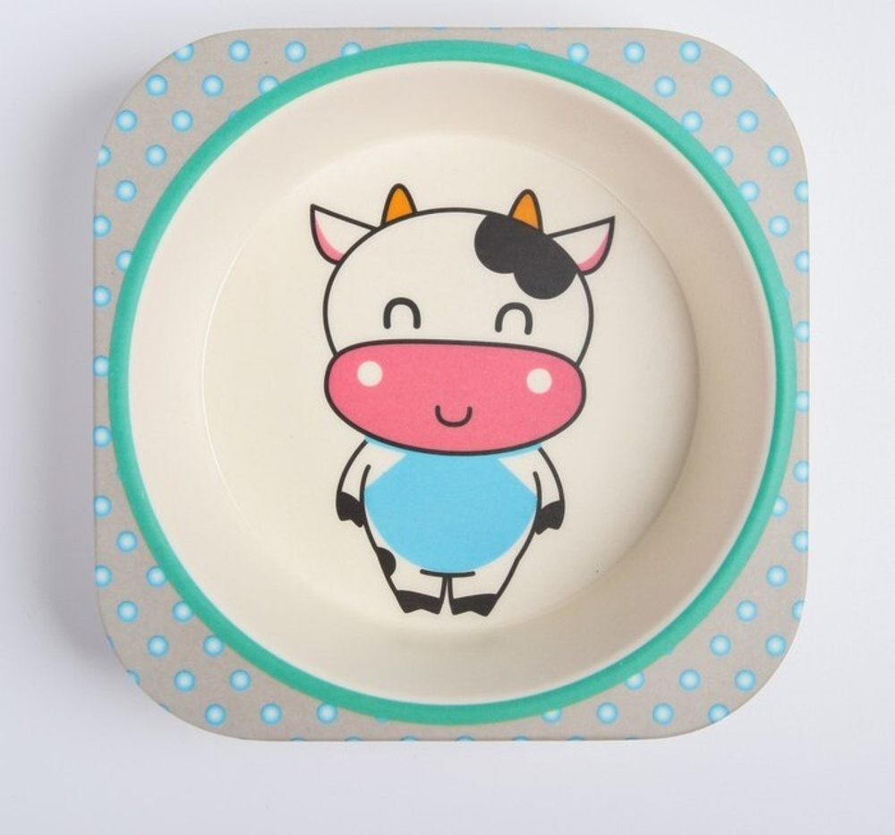 4611371 Набор бамбуковой посуды "Коровка", тарелка, миска, стакан, приборы, 5 предметов