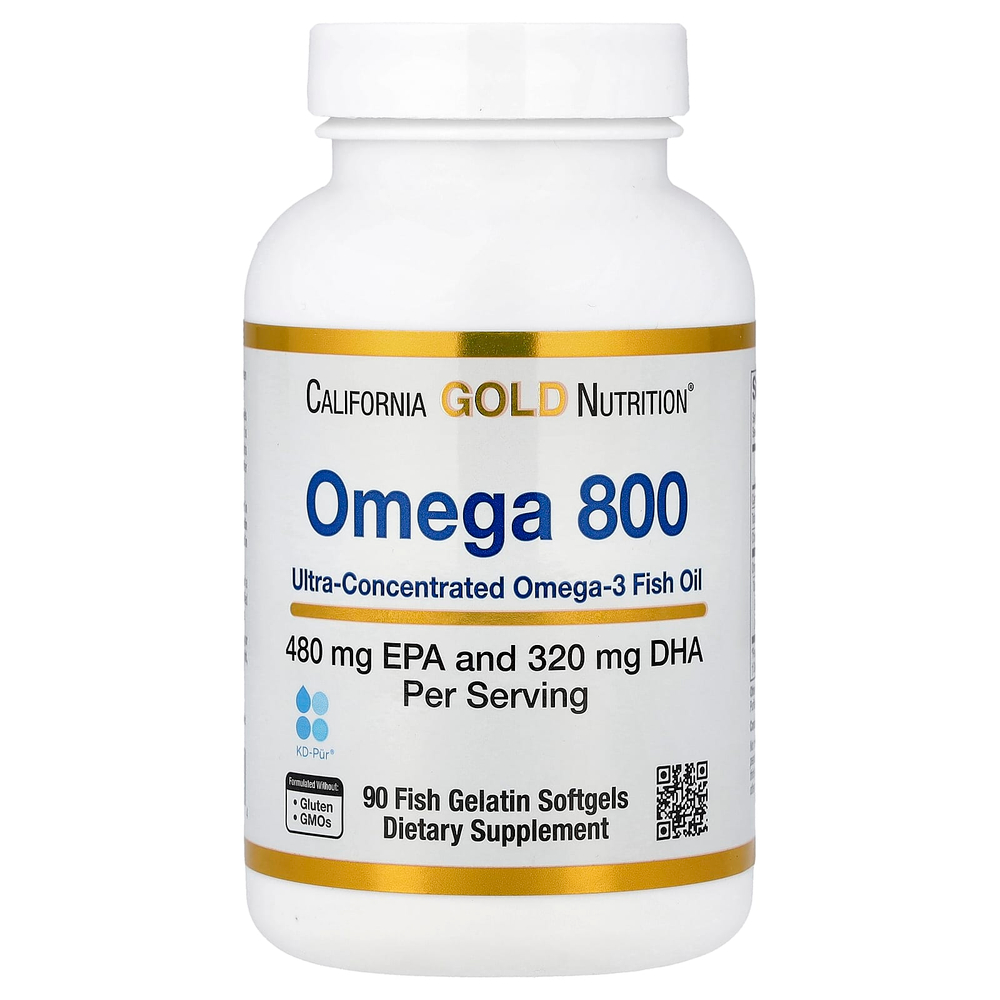 California Gold Nutrition, омега 800, ультраконцентрированный рыбий жир с омега-3, в форме триглицеридов KD-Pur, 90 капсул из рыбьего желатина (1000 мг в 1 капсуле)