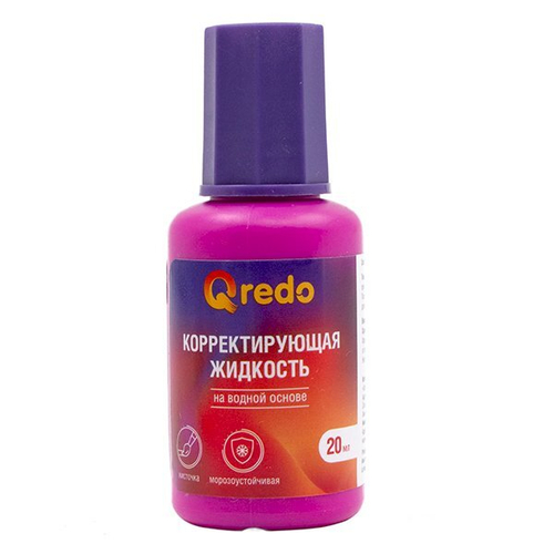 Корректирующая жидкость Qredo, 20 мл, на водной основе, с кистью, 12 штук