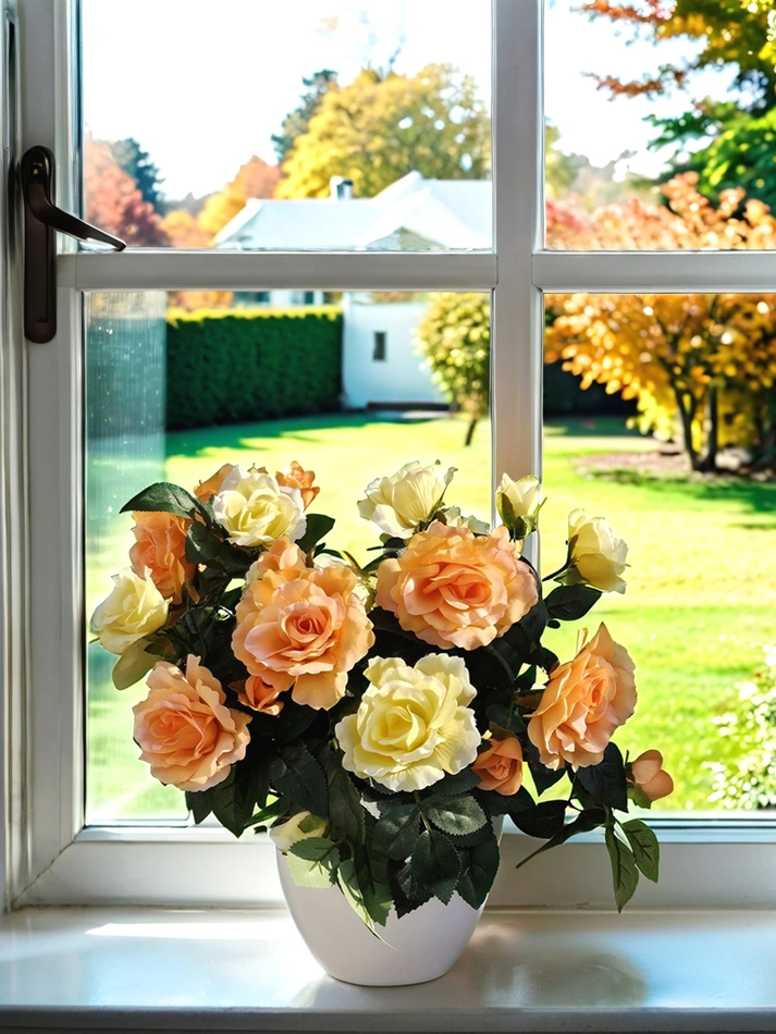 Искусственные цветы Розы желто-оранжевые густые в белом кашпо