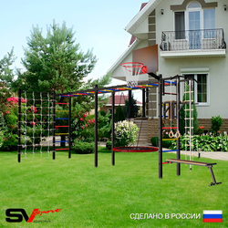 Уличная шведская стенка Sv Sport рукоход х 2 с комплектом турник прямой У52644К (Турник/Брусья/Скамья/Гнездо 80см/Щит баскет/Канат/кольца/лестница/Сетка)