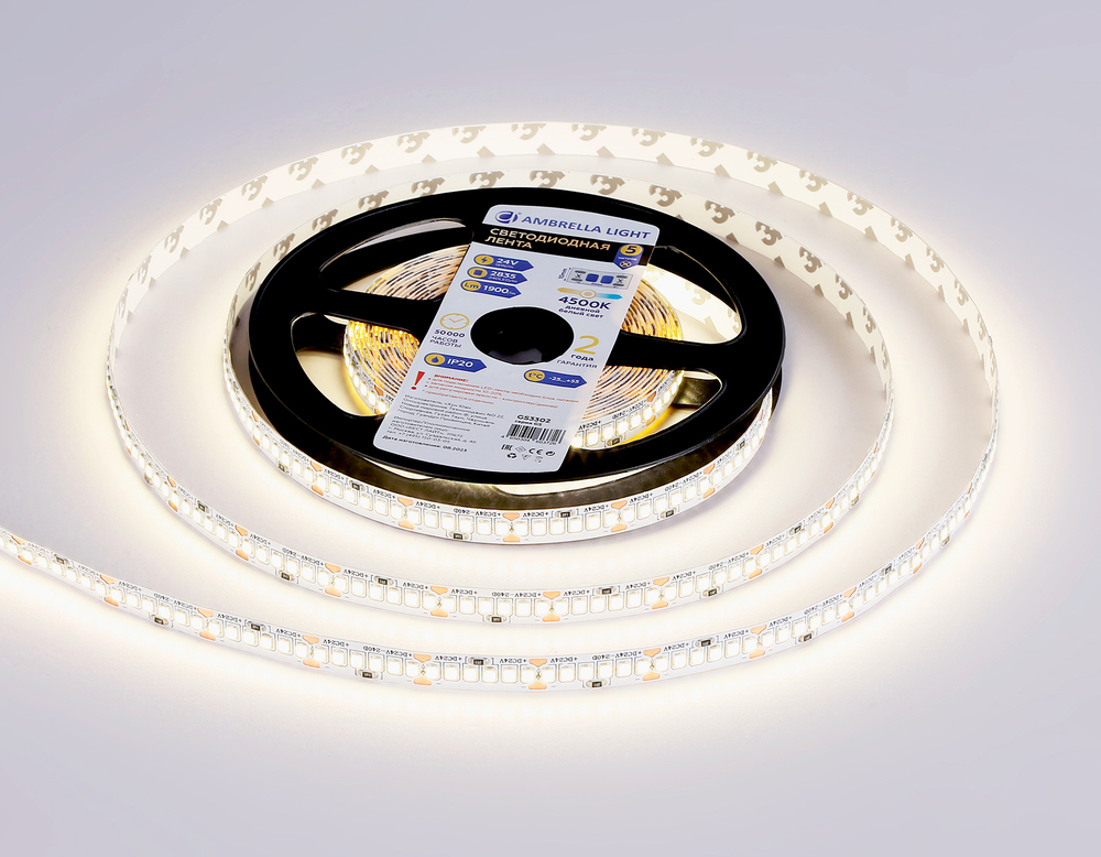 Светодиодная лента GS3302 2835 240Led/ 18W m/ 24V IP20 4500K/ 5000*10*1.2mm/ кратность резки 25mm (2 конт.)