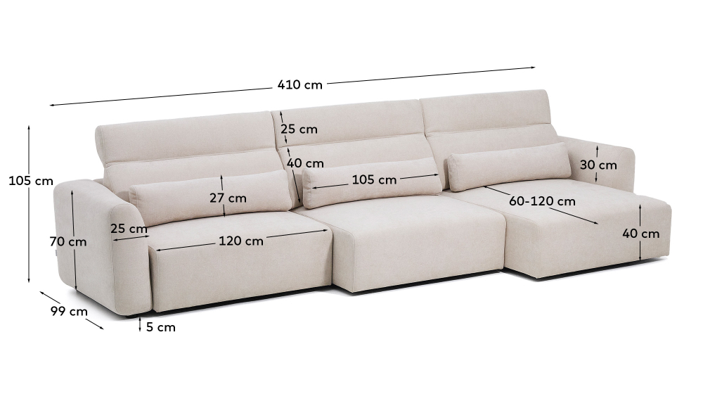 6-местный диван Lares с реклайнером и откидным подголовником из бежевого шенилла, 410 см