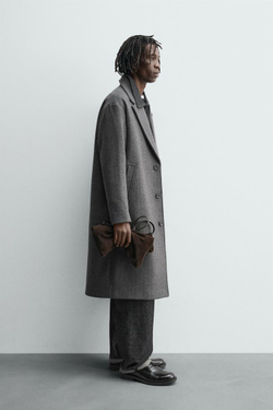 ZARA ПАЛЬТО ИЗ ШЕРСТИ С УЗОРОМ В ЕЛОЧКУ, АНТРАЦИТОВО-СЕРЫЙ