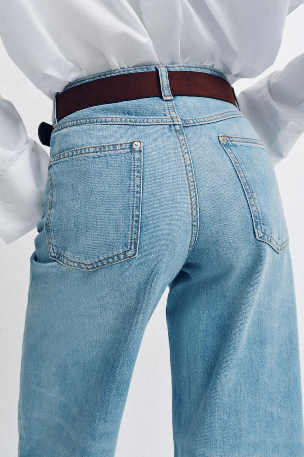 ZARA ДЖИНСЫ WIDE LEG УКОРОЧЕННЫЕ С ВЫСОКОЙ ПОСАДКОЙ И РЕМНЕМ, ГОЛУБОЙ