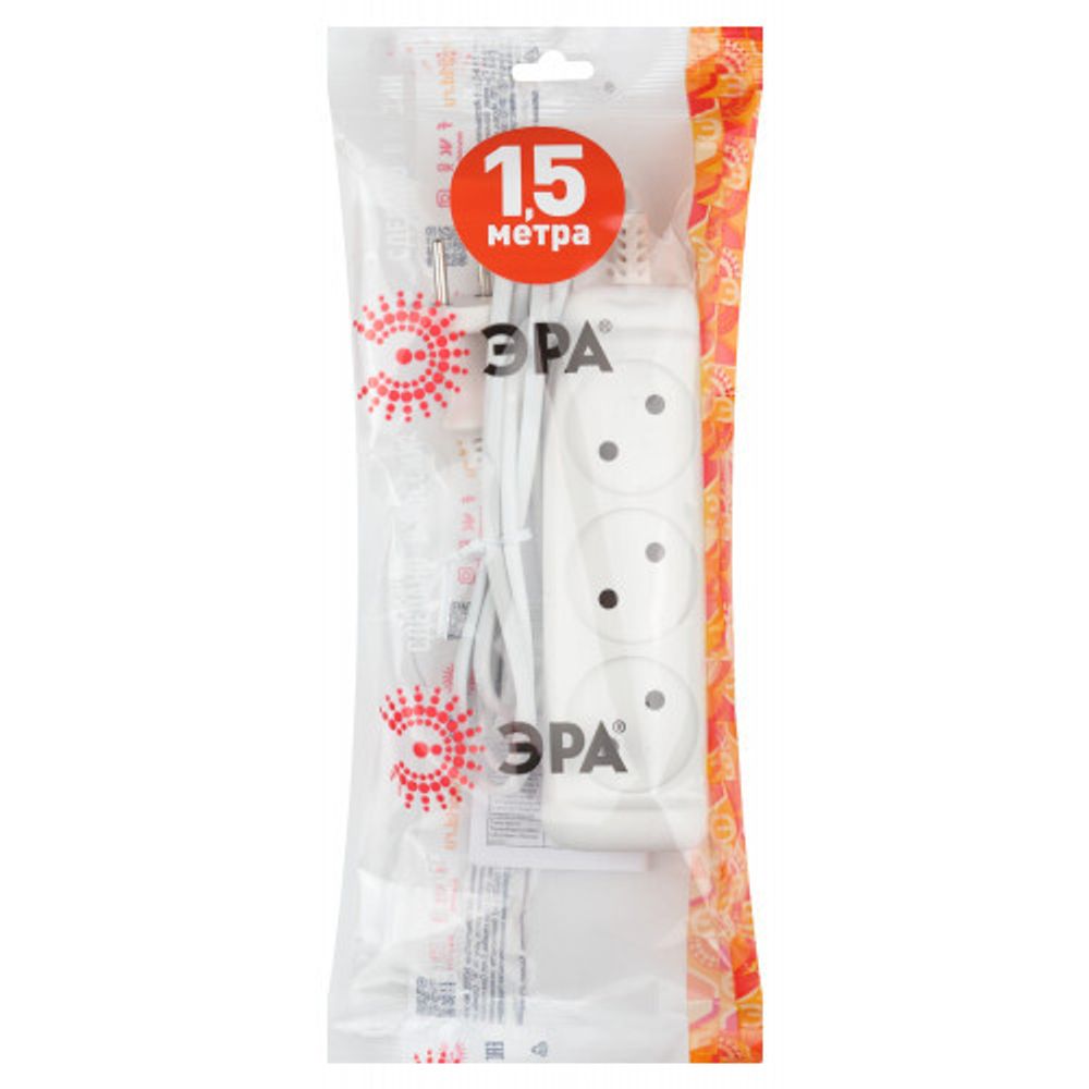 Удлинитель электрический ЭРА UX-3-1,5m без заземления 3 розетки 1,5 м ШВВП 2x0,75мм2 6А