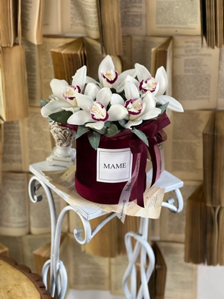 Орхидея Цимбидиум и эвкалипт в роскошной бархатной шляпной коробке