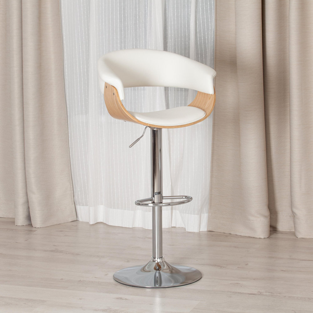 Барный стул VIMTA (mod.4021S) металл/дерево/экокожа, 60х51х91,5-112,5 см, высота сиденья 61,5-82,5 см, белый/натуральный/хром