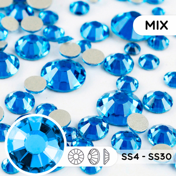 Стеклянные стразы холодной фиксации “Capri Blue” — микс размеров SS4–SS30