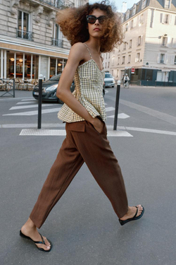 ZARA БРЮКИ С ЭЛАСТИЧНЫМ ПОЯСОМ, КОРИЧНЕВЫЙ