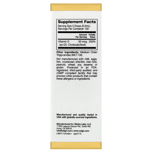 California Gold Nutrition, витамин D3, с нейтральным вкусом, 50 мкг (2000 МЕ), 30 мл (1 жидк. унция)