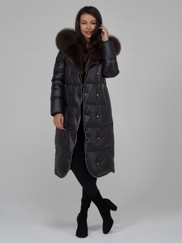 Длинный пуховик с декоративной молнией и меховой отделкой