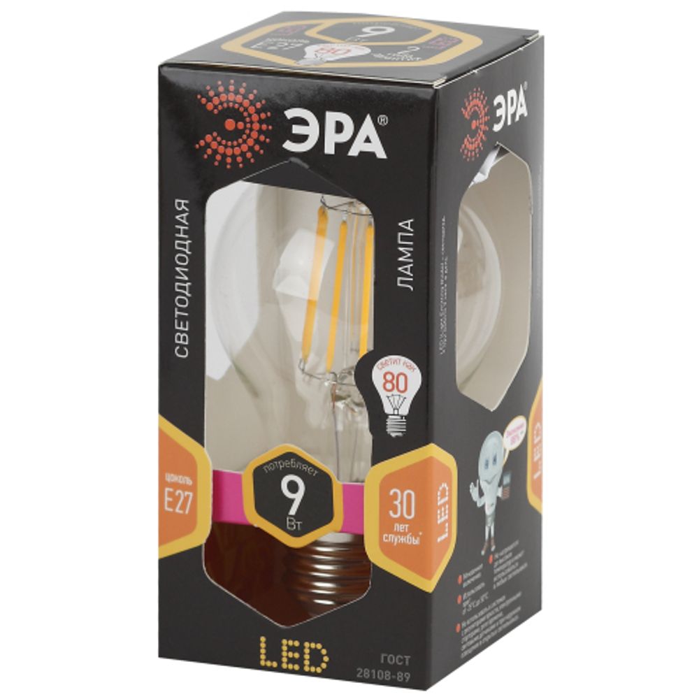 Лампа светодиодная ЭРА F-LED A60-9W-827-E27 Е27 / Е27 9 Вт филамент груша теплый белый свет | Филаментные декоративные