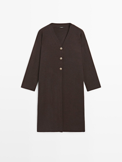 Massimo Dutti Длинный вязаный кардиган с золотыми пуговицами, коричневый