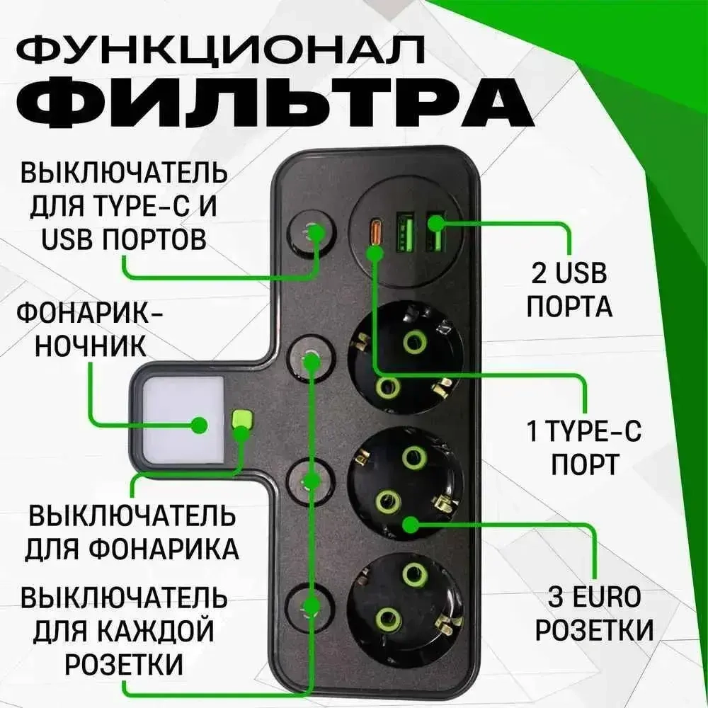 Тройник в розетку 3 гнезда с раздельными выключателями, сетевой фильтр с USB, Type-C