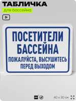 Табличка для бассейна "Посетители бассейна, высушитесь перед выходом", на пляж, для общественной и частной зоны отдыха, информационная, 40х30 см, Silver Plane x Айдентика Технолоджи