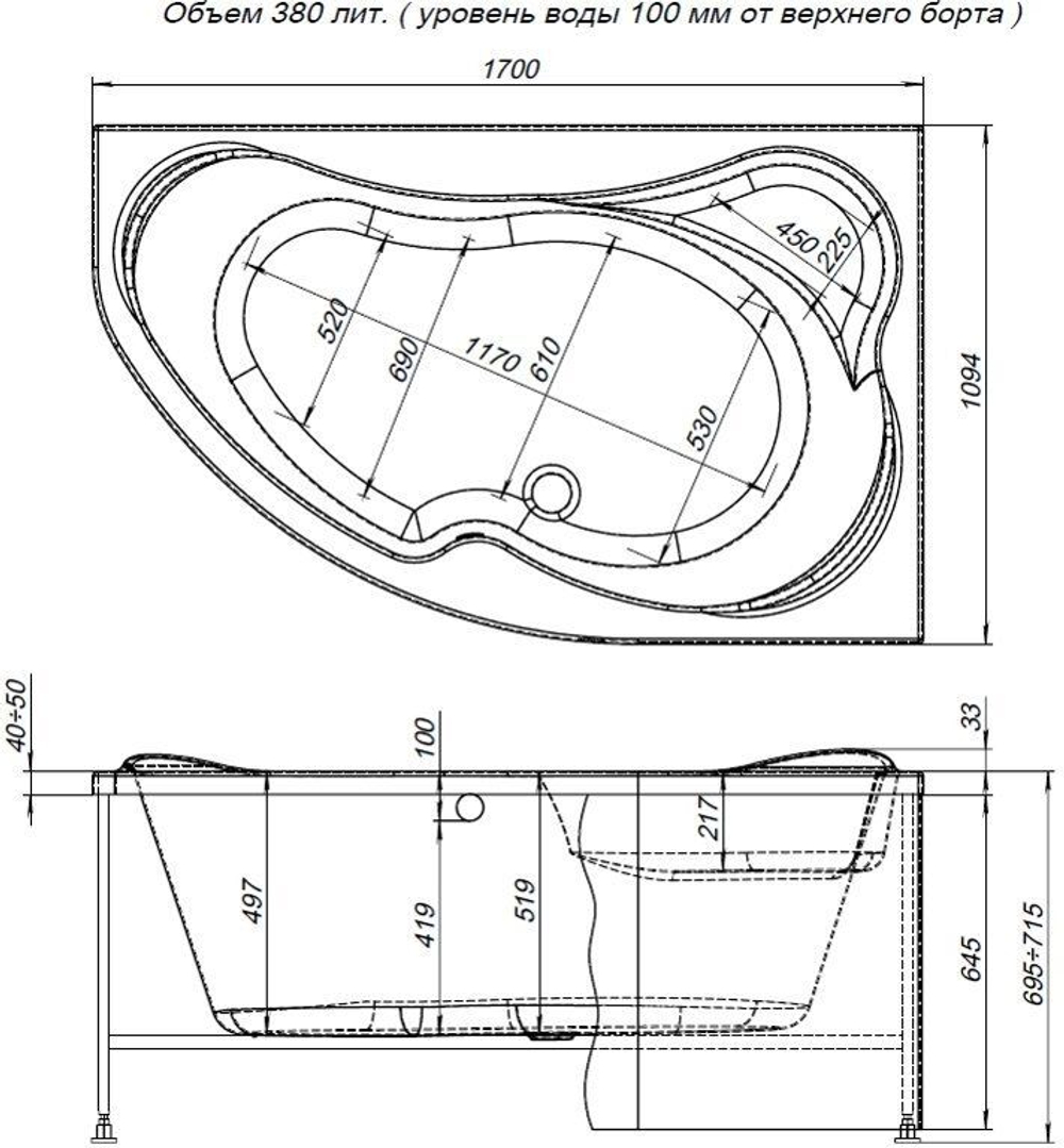 Акриловая ванна Aquanet Capri 170x110 R (с каркасом)