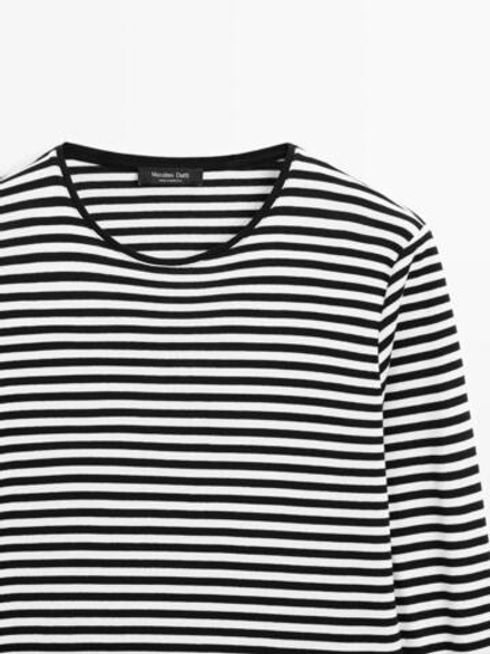 Massimo Dutti Футболка в полоску с длинными рукавами и контрастной отделкой, черный