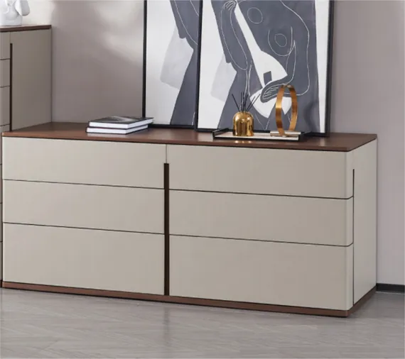 Комод с 6 ящиками Fidelio, шпон ореха, серая экокожа