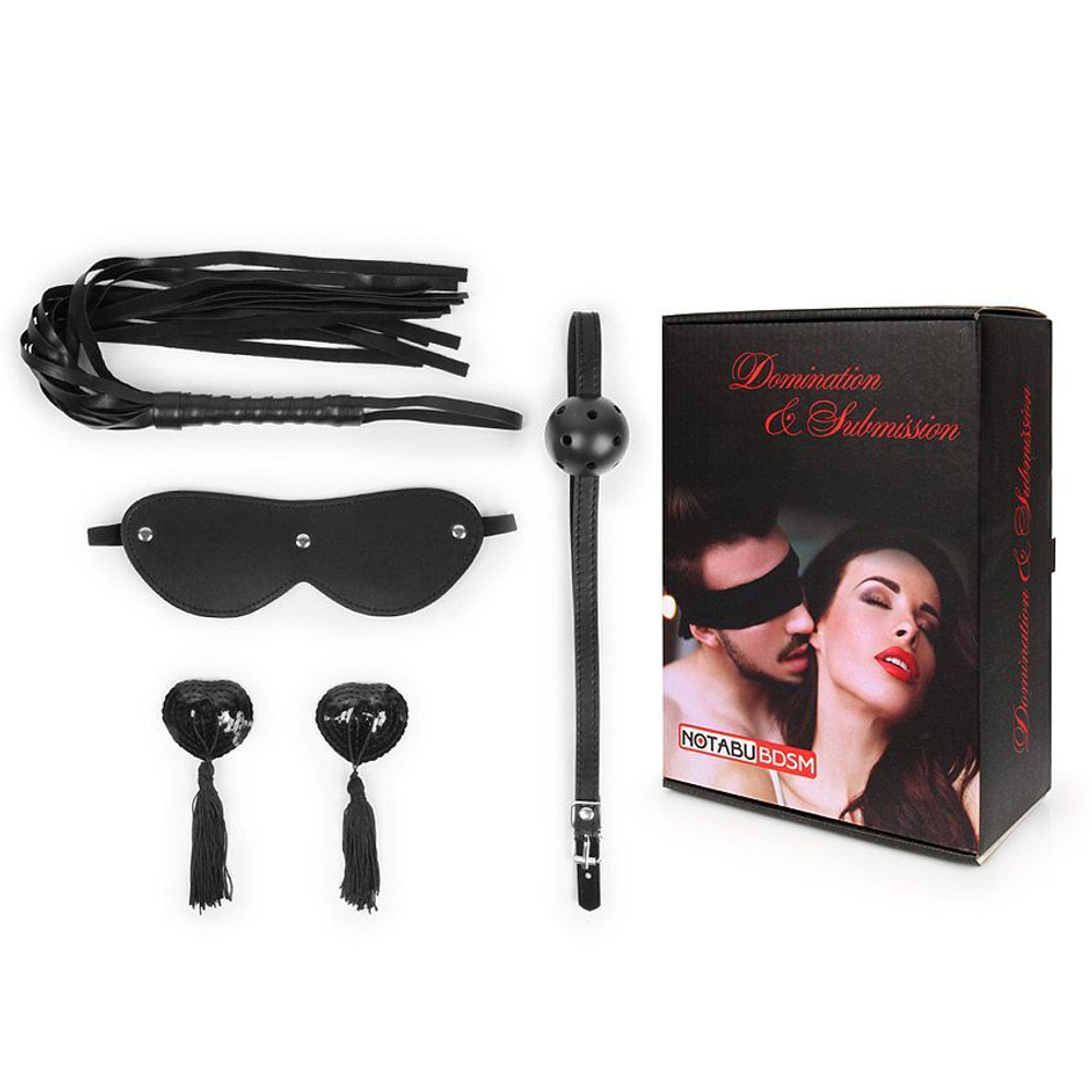 Эротический набор в черном цвете: маска, кляп, пэстисы, плётка (Цвет: черный)