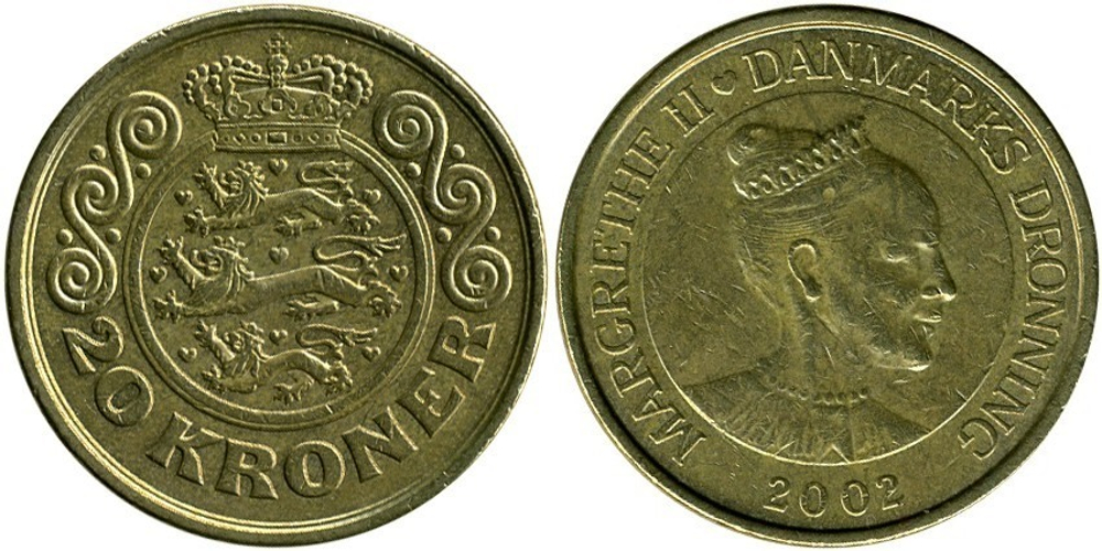 Дания 20 крон, 2001-2002 Королева Маргрете II XF