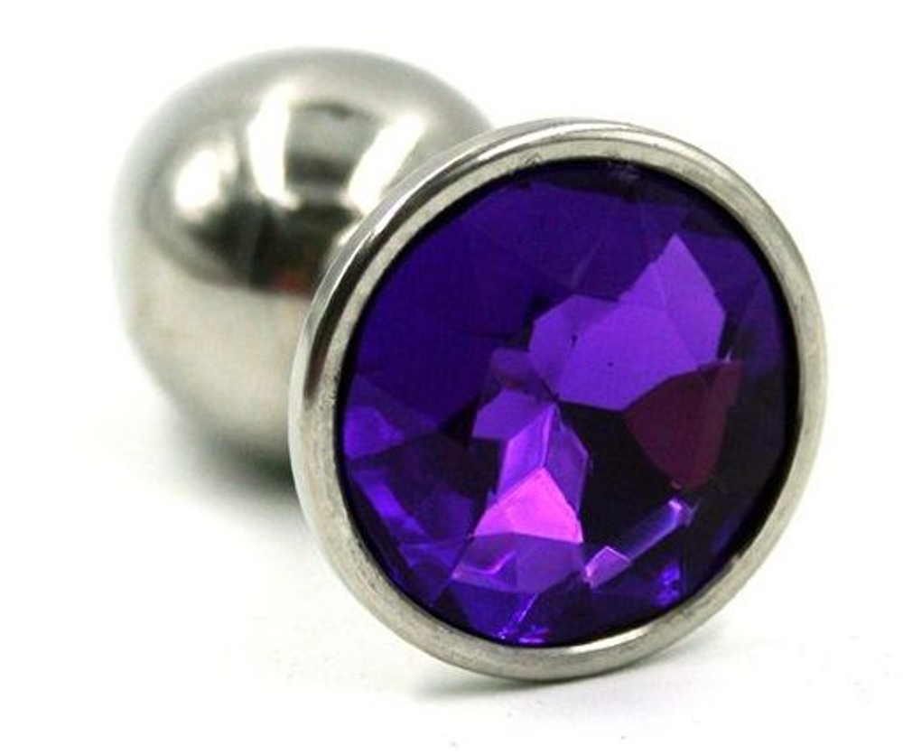 Серебристая малая анальная пробка с фиолетовым кристаллом - 7 см. (Цвет: фиолетовый)