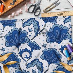 Ткань таффета синие цветы-перья на белом фоне