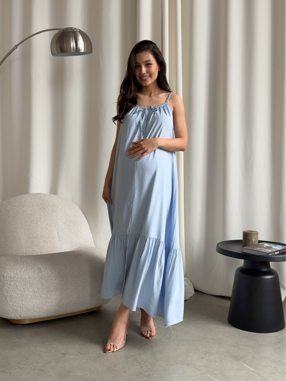 Сарафан хлопковый, длинный, на бретелях, с вырезом на завязках