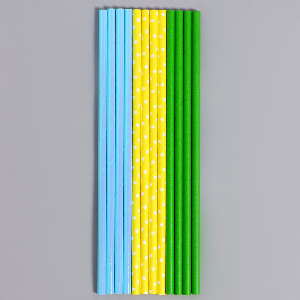 Трубочки бумажные голубые, желтые, зеленые 20 см 12 шт.