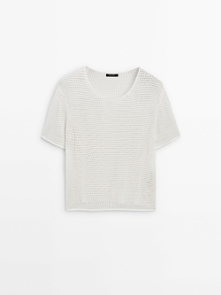 Massimo Dutti Перфорированный свитер с короткими рукавами, натуральный, кремовый