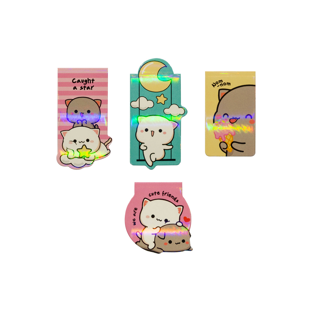 Закладки магнитные для книг, 4шт., MESHU "Cute kittens", ламинация с блестками MS_58275