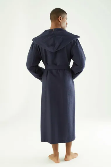 Вафельный мужской халат с капюшоном 24680 синий NUSA