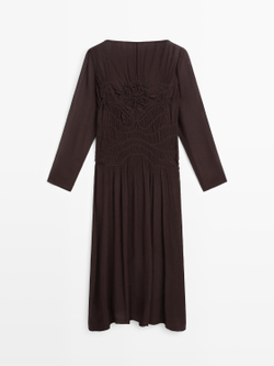 Massimo Dutti Платье миди из струящейся ткани со сборками, коричневый