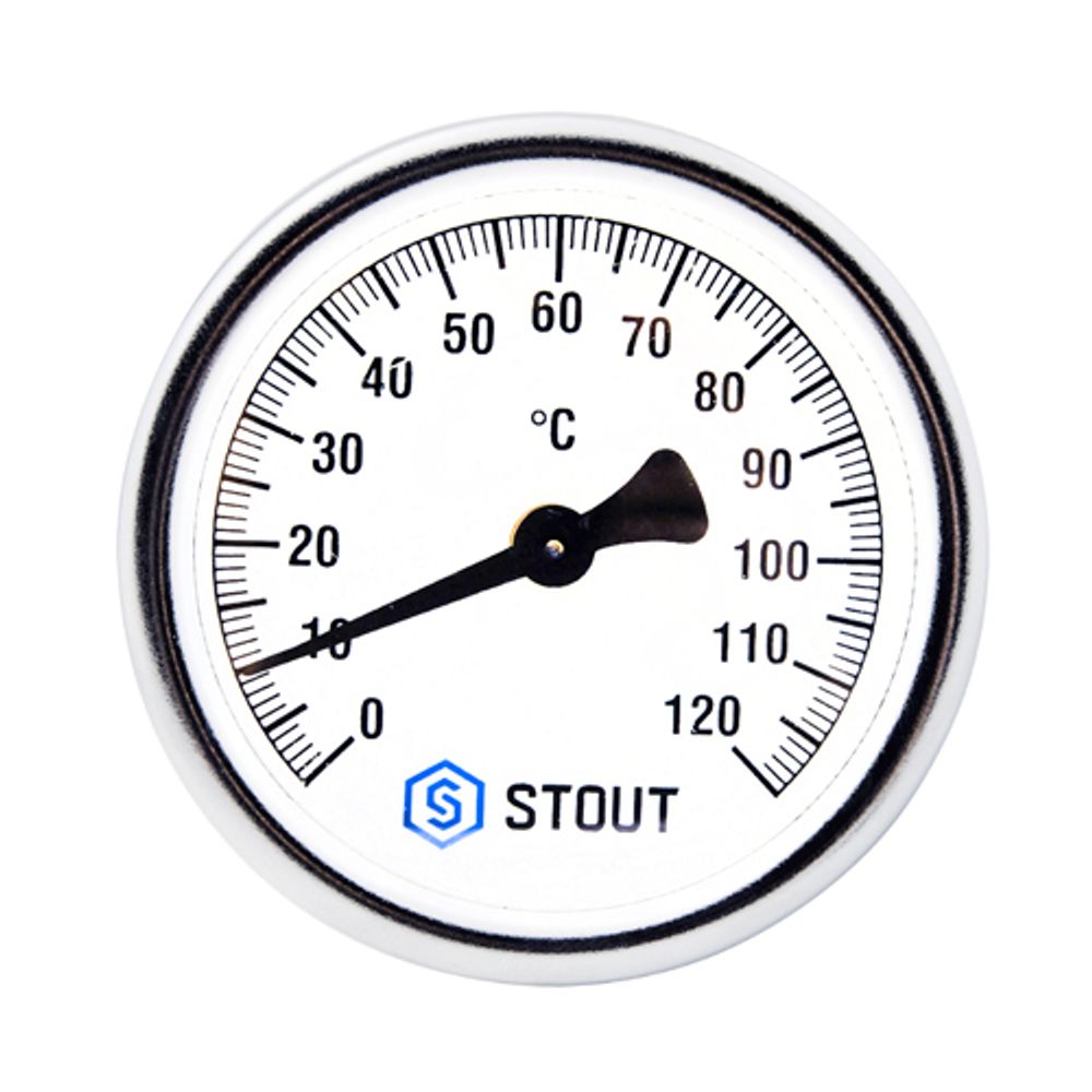 Термометр биметаллический аксиальный STOUT - 1/2&quot; (D63 мм, шкала 0-160°C, с погружной гильзой 50 мм)