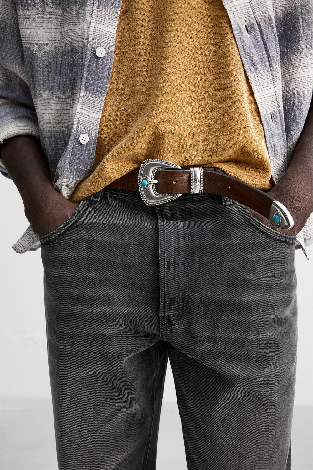 ZARA КОЖАНЫЙ РЕМЕНЬ В ВИНТАЖНОМ СТИЛЕ, ТЕМНО-КОРИЧНЕВЫЙ