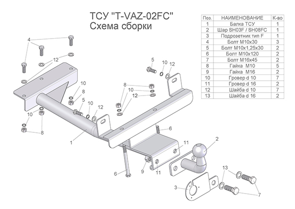 Фаркоп(прицепное) Tavials (со съемным шаром) для 1119, 2192 (2004/2016/2017) (калина 1/2, гранта (хеттчбек)(паспорт и сертификат в комплекте)(без электрики)T-VAZ-02FC