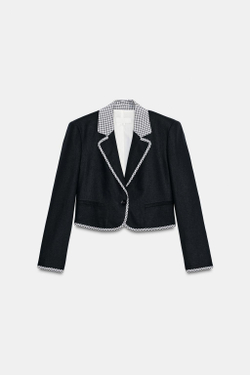 ZARA УКОРОЧЕННЫЙ БЛЕЙЗЕР В КЛЕТКУ ВИШИ, МОРСКОЙ СИНИЙ