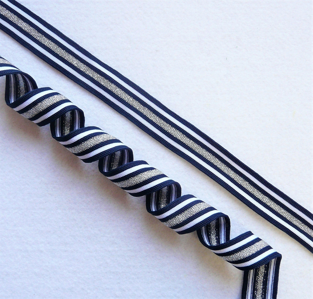 Лампасная лента (трикотажный, люрекс, 2,5 см). Т.синий/белый/серебро, ВО