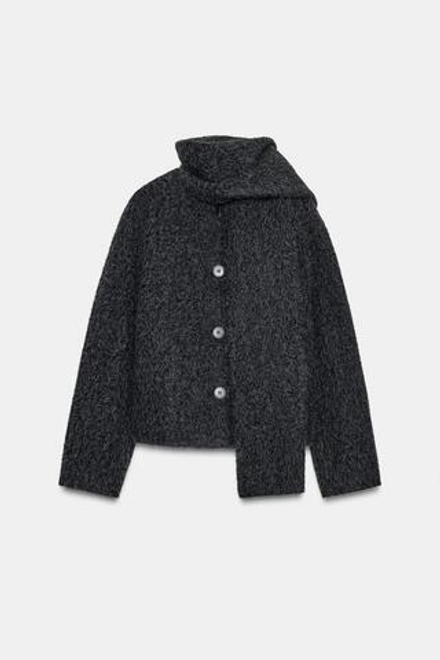 ZARA КОРОТКОЕ БУКЛИРОВАННОЕ ПАЛЬТО С ШАРФОМ, ТЕМНО-СЕРЫЙ