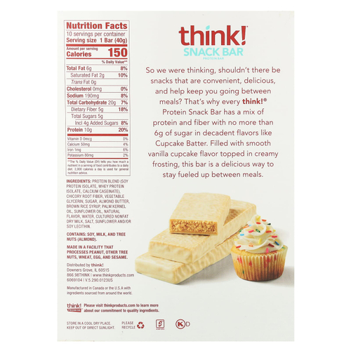 Think !, Snack Protein Bar, тесто для кексов, 10 батончиков, 40 г (1,41 унции) каждый