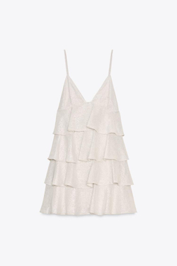 ZARA КОРОТКОЕ ПЛАТЬЕ С ВОЛАНАМИ, СЕРЕБРИСТЫЙ