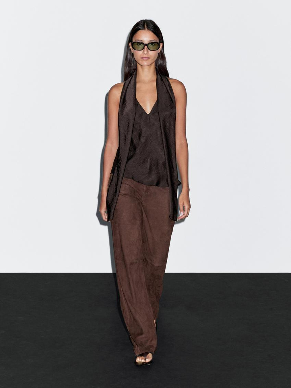 Massimo Dutti Топ из струящейся ткани с завязками, коричневый