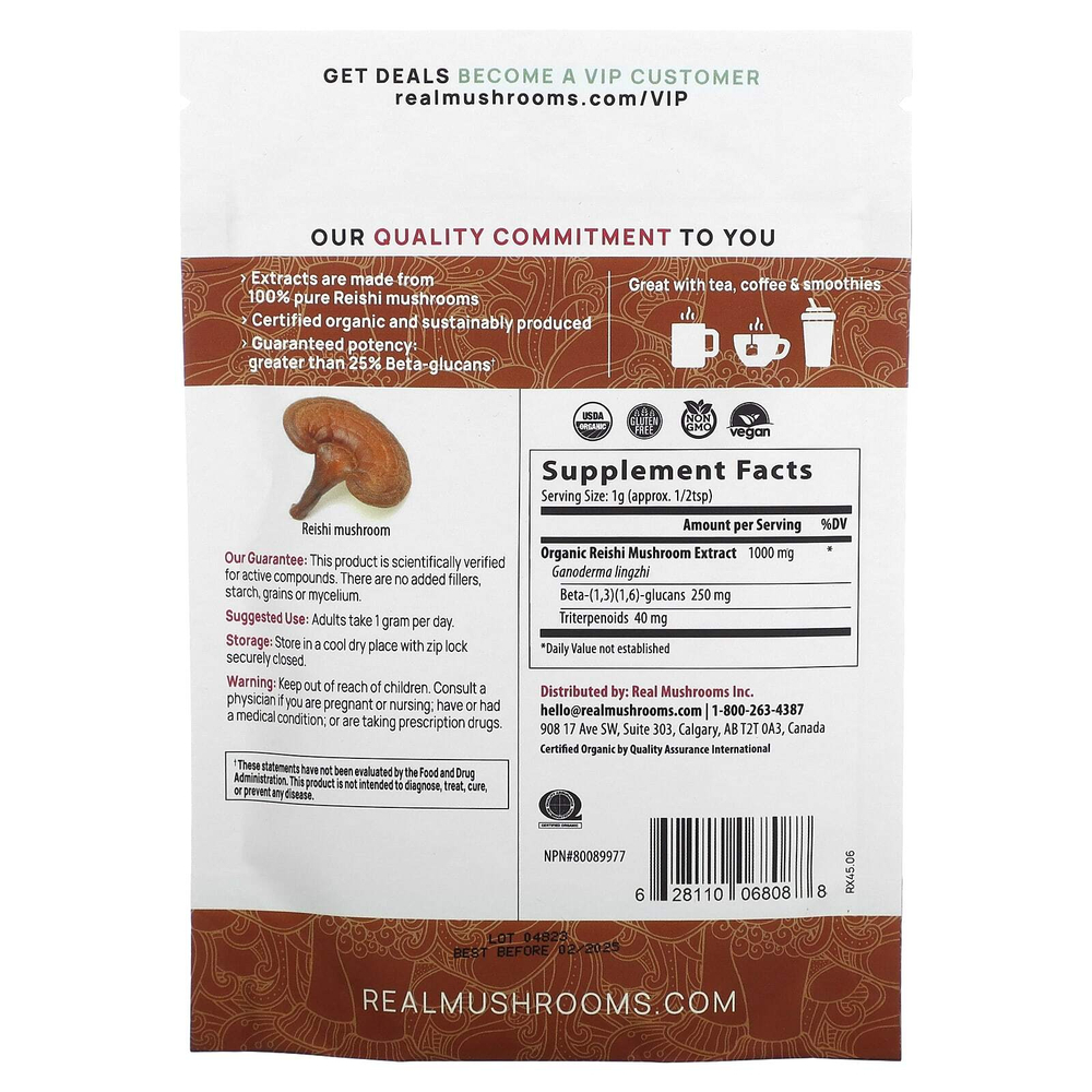 Real Mushrooms, Рейши, органический экстракт грибов в порошке, 45 г (1,59 унции)