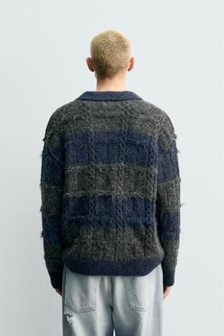 ZARA ТРИКОТАЖНОЕ ЖАККАРДОВОЕ ПОЛО В ПОЛОСКУ, АНТРАЦИТОВО-СЕРЫЙ