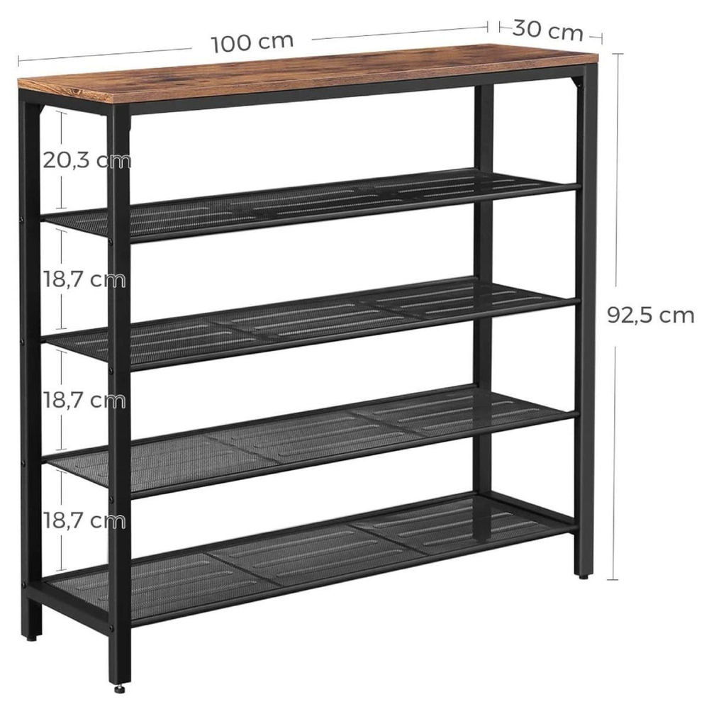 Полка для обуви, ДСП+сталь, 5 секц, 100х30х92.5 см, с сетч полк, корич-черн, Vasagle, Лофт, LBS15BX