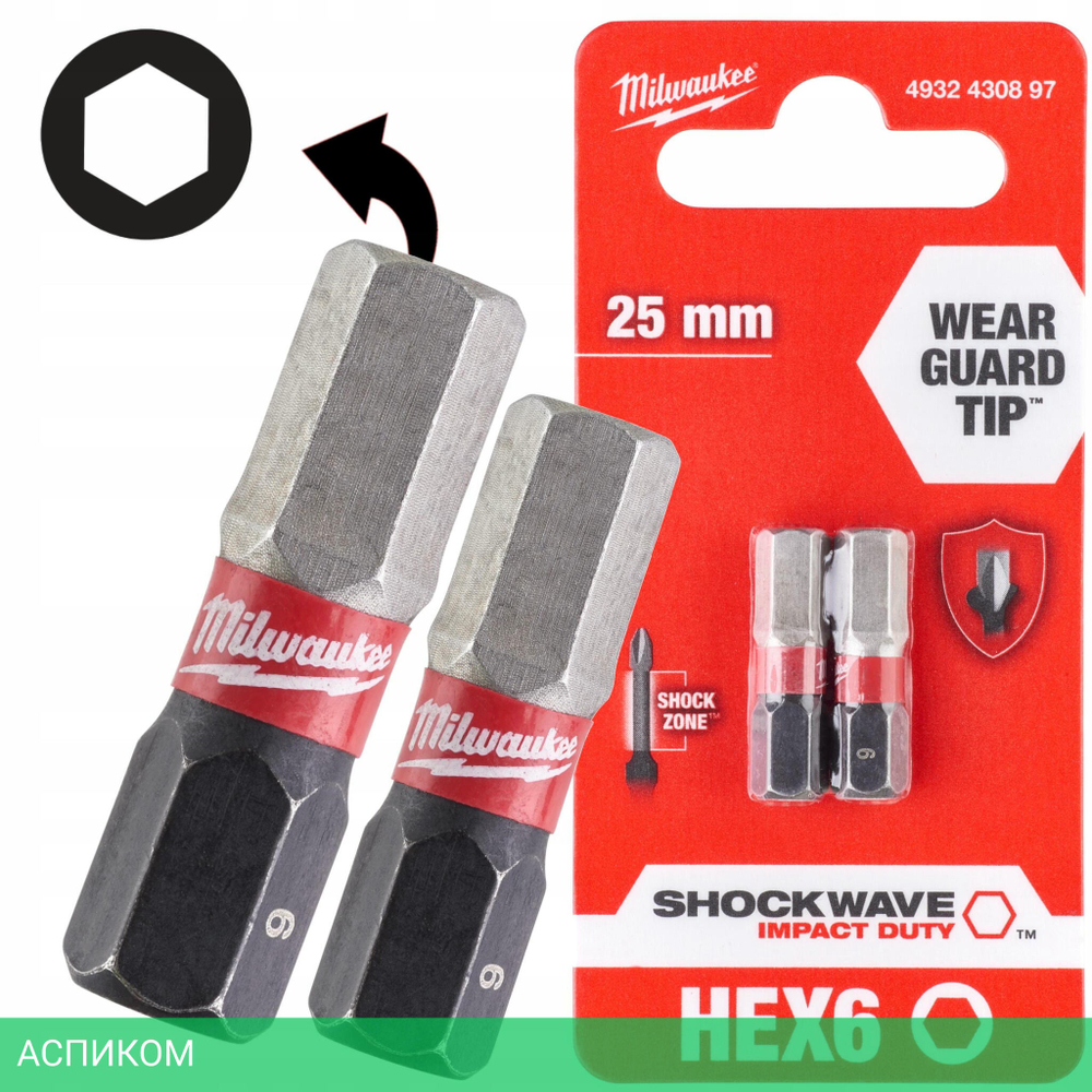 Бита Milwaukee Shockwave Hex6 25 мм 2шт (4932430897)