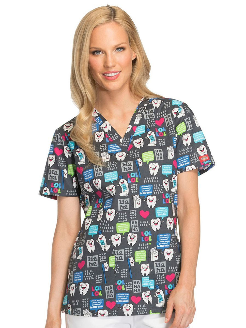 Топ медицинский женский Dickies DK704, принт "Зубной смех", серый, L