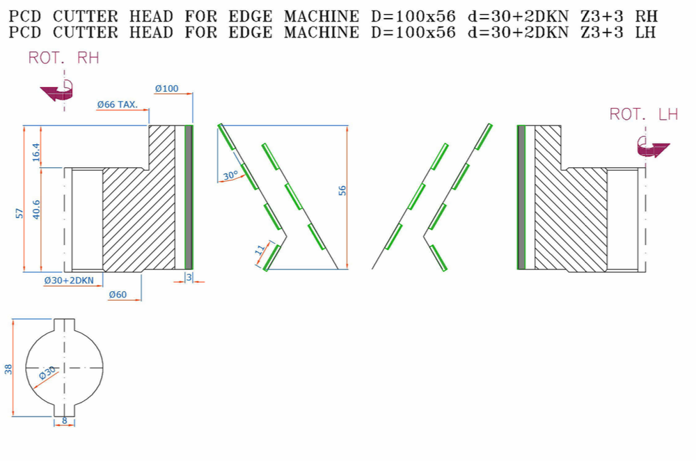 PCD фреза D.100x56x30+DKN Z=3+3 H=3 LH + RH для Brandt, SCM, IMA, Holzher