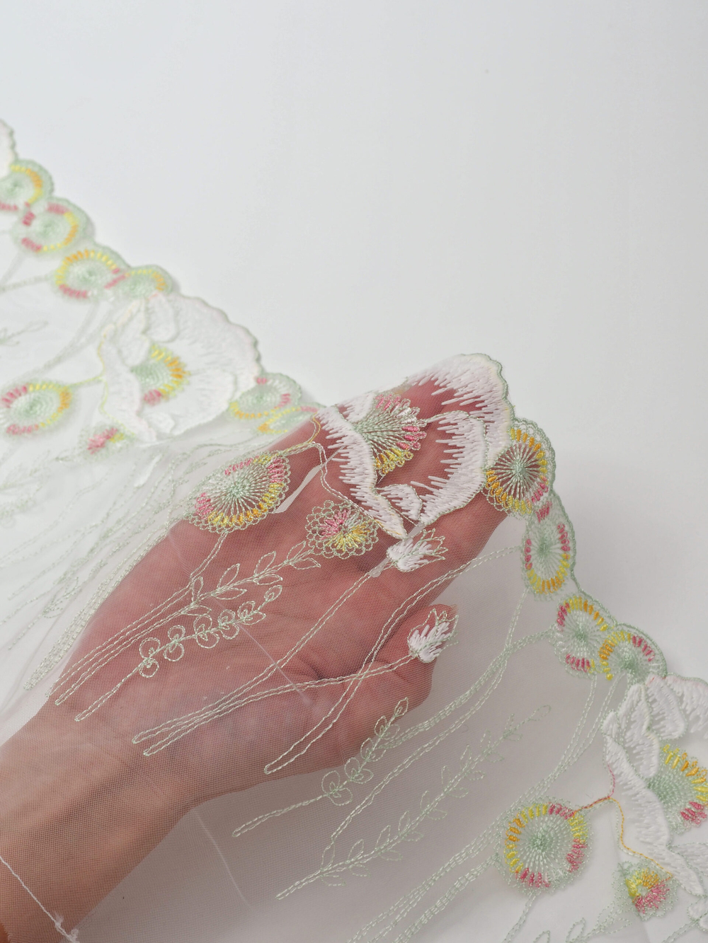 Вышивка на сетке бледно-зеленая с мультиколор ширина 21 см (2 стороны)